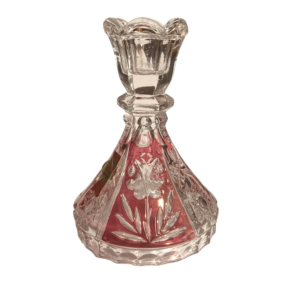 BLEIKRISTALL CANDLE HOLDER ANNA HUTTE CRYSTAL CUT BACK FLOWERS CRANBERRY…